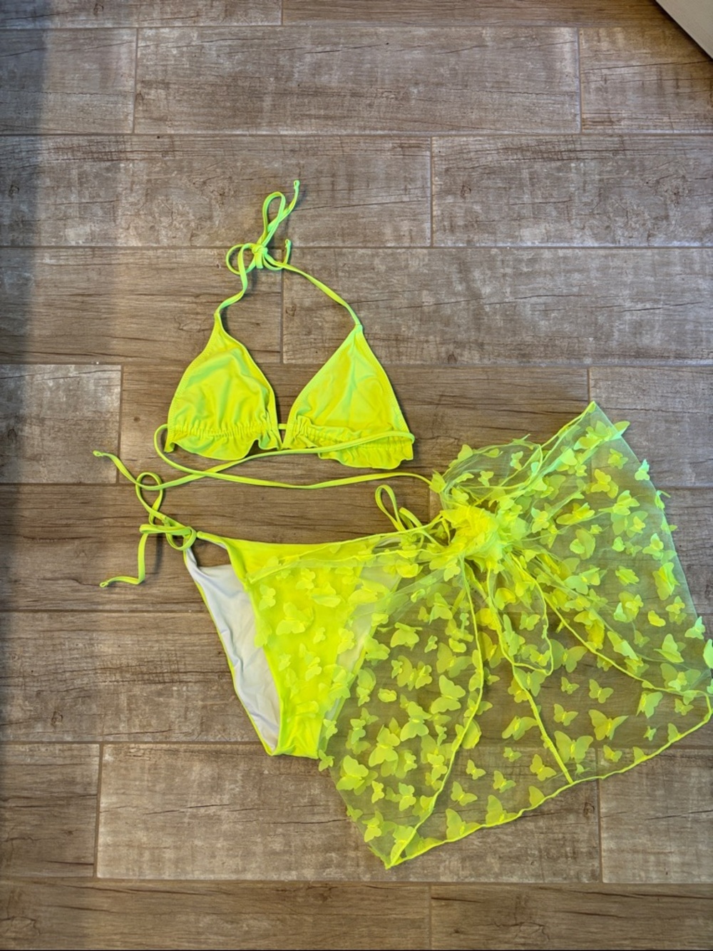 Neon Yellow Two-Piece Bikini with Mesh Butterfly Cover-Up